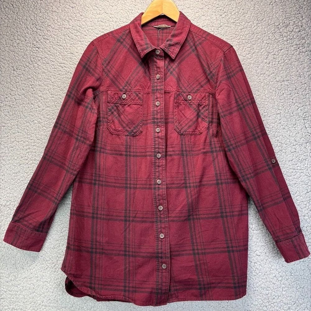 Duluth Trading Co Red Plaid Flannel Womens L Shirt Long Roll Up Tab Sleeve READ*